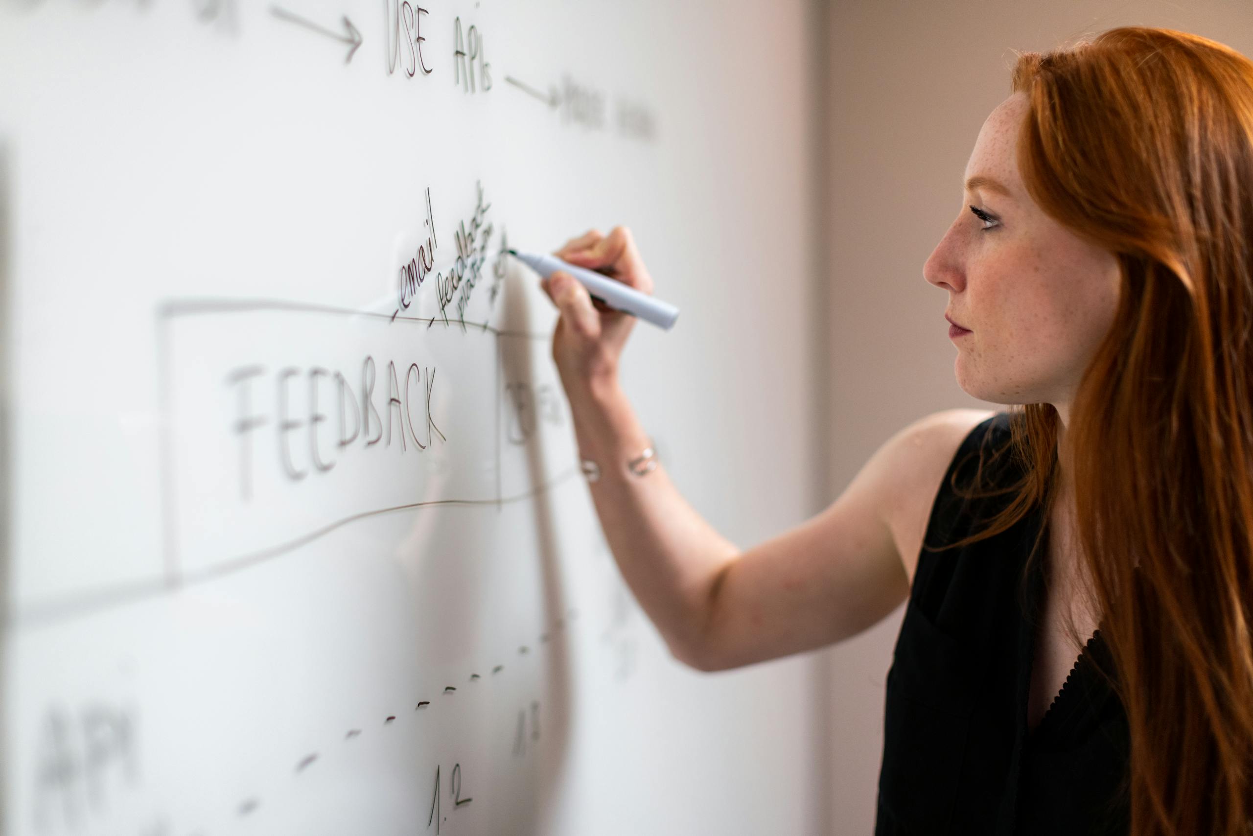 Training feedback Focused woman writing on a whiteboard during a business planning session.